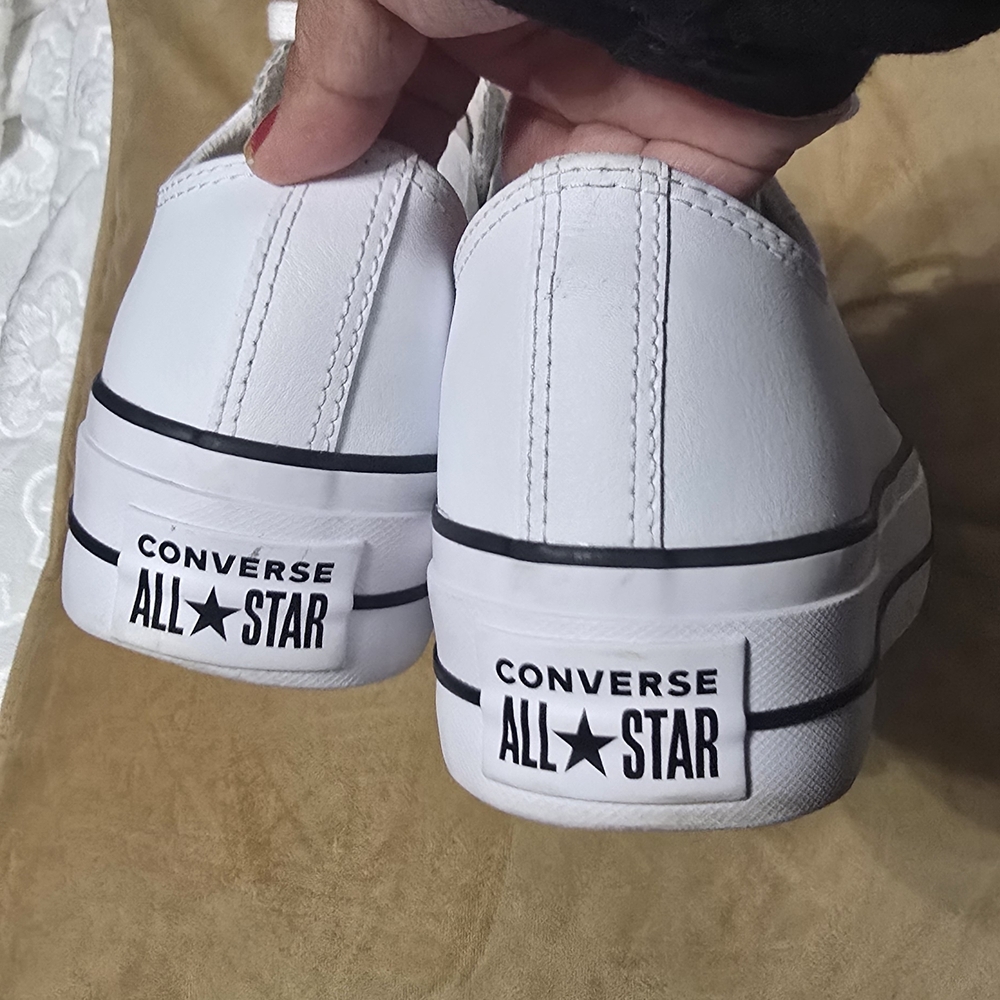 Converse White Low Top Platform Sneakers with Black Trim - Picture 7 of 12